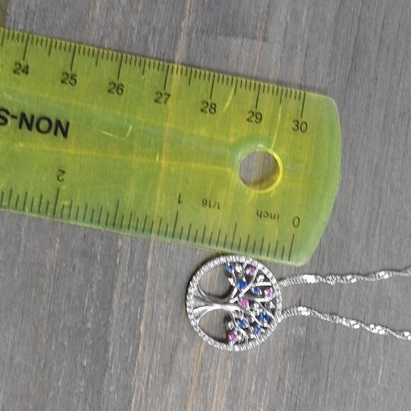 Sterling Silver Life Tree Birthstone Necklace Pink Blue CZ September October - Picture 4 of 8